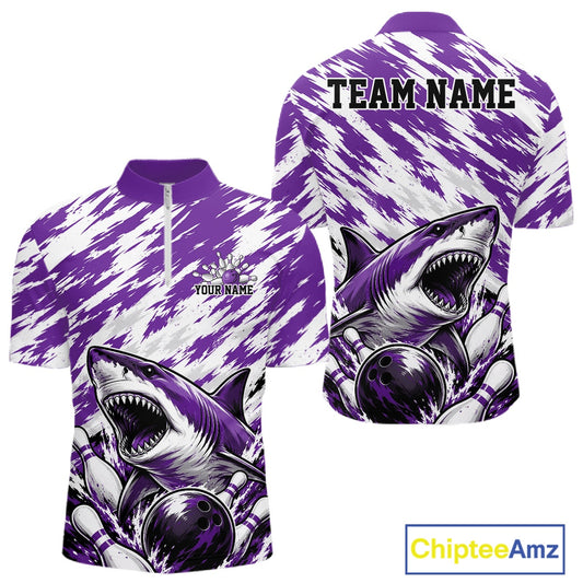Purple and white shark-themed shirt with customizable text on a white background
