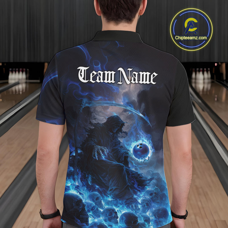 Custom Electric Blue Fire Grim Reaper Bowling Polo Shirts For Men, Halloween Bowling Shirt IPHW9464