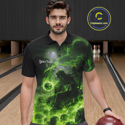 Custom Electric Green Fire Grim Reaper Bowling Polo Shirts For Men, Halloween Bowling Shirt IPHW9465