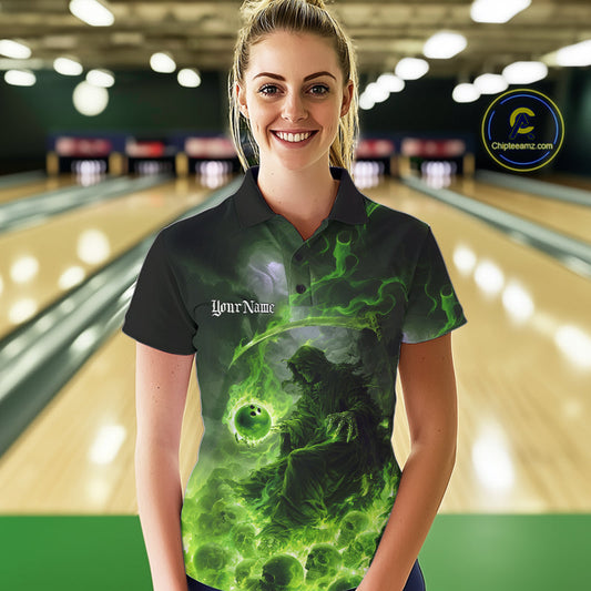 Custom Electric Green Fire Grim Reaper Bowling Women Polo Shirts, Halloween Bowling Shirt IPHW9465