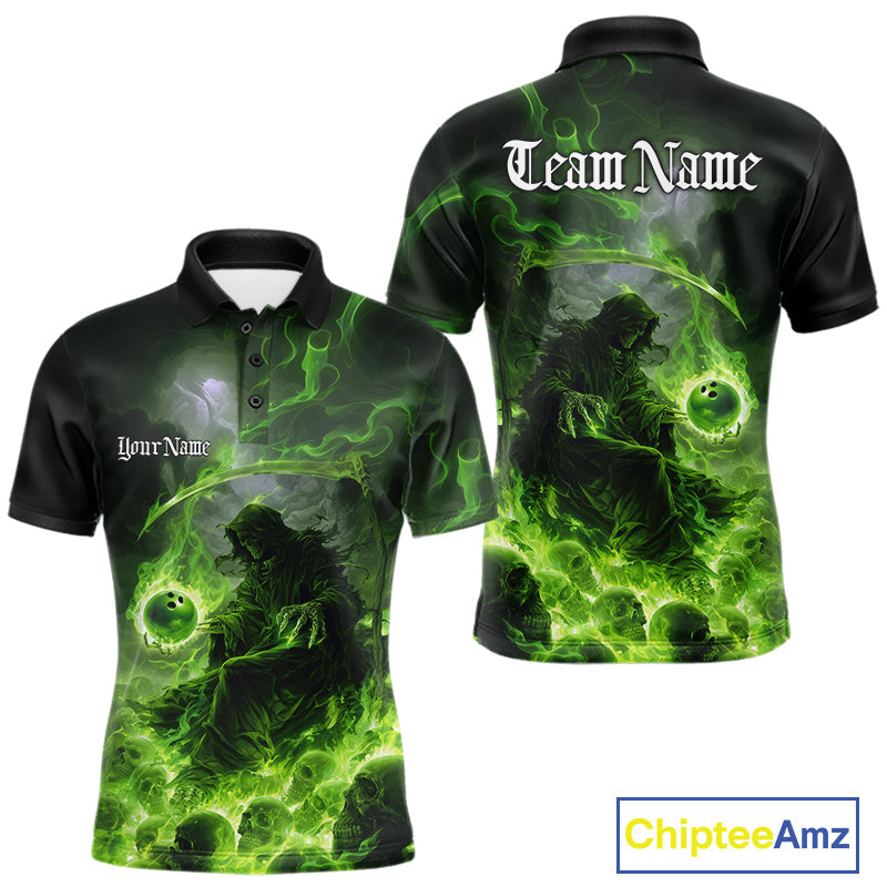 Custom Electric Green Fire Grim Reaper Bowling Polo Shirts For Men, Halloween Bowling Shirt IPHW9465