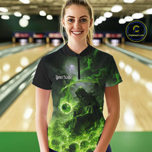 Load image into Gallery viewer, Custom Electric Green Fire Grim Reaper Bowling Women Quarter-Zip Shirt, Halloween Bowling IPHW9465