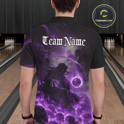 Custom Purple Fire Grim Reaper Bowling Polo Shirts For Men, Halloween Bowling Shirt IPHW9466