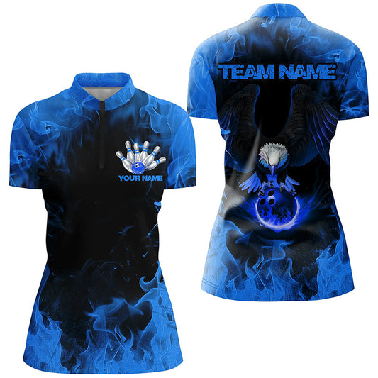 Blue Flame Eagle Bowling Team Shirts For Women, Fire Custom Bowling Uniforms Outfit Bowling IPHW7117
