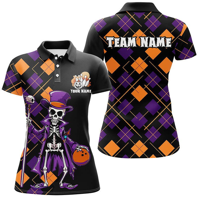 Custom Funny Halloween Skull Ladies Bowling Shirts, Halloween Argyle Pattern Bowling Outfit IPHW7123