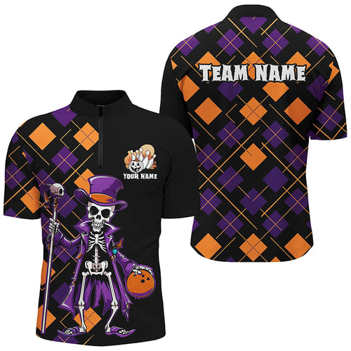 Custom Funny Halloween Skull Bowling Shirts For Men, Halloween Argyle Pattern Bowling Outfits IPHW7123