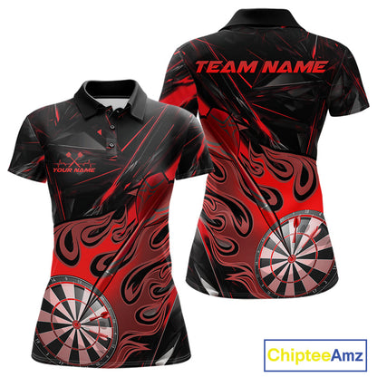Custom Black And Red Flame Dartboard Dart Polo Shirts For Women, Dart Players Outfits IPHW9688
