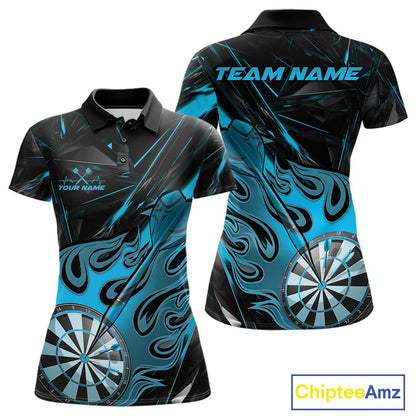 Custom Black And Blue Flame Dartboard Dart Polo Shirts For Women, Dart Players Outfits IPHW9689