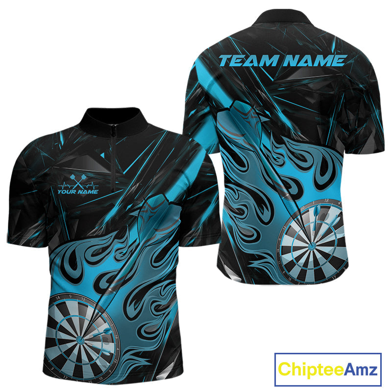 Custom Black And Blue Flame Dartboard Dart Quarter-Zip Shirts For Men, Dart Players Outfits IPHW9689