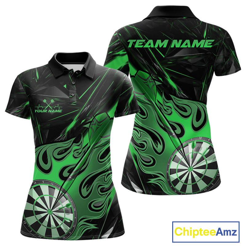 Custom Black And Green Flame Dartboard Dart Polo Shirts For Women, Dart Players Outfits IPHW9690