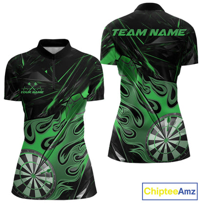 Custom Black And Green Flame Dartboard Dart Women Quarter-Zip Shirt, Dart Players Outfits IPHW9690