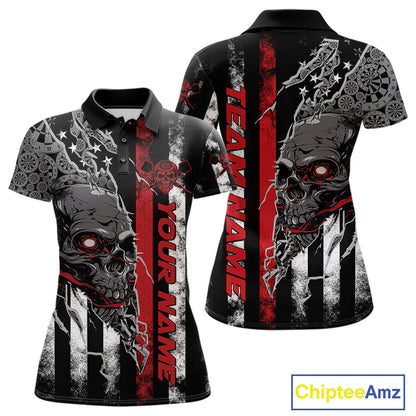 Custom Red Line American Flag Patriotic Skull Dart Women Polo Shirt, Halloween Outfit IPHW9691