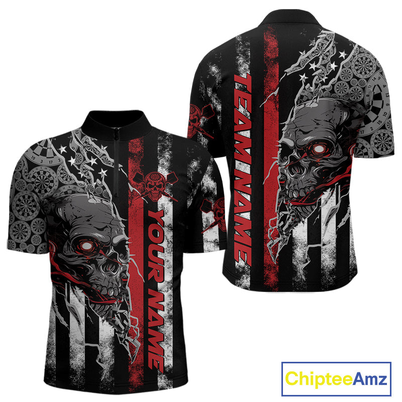 Custom Red Line American Flag Patriotic Skull Dart Men Quarter-Zip Shirts, Halloween Dart Outfit IPHW9691