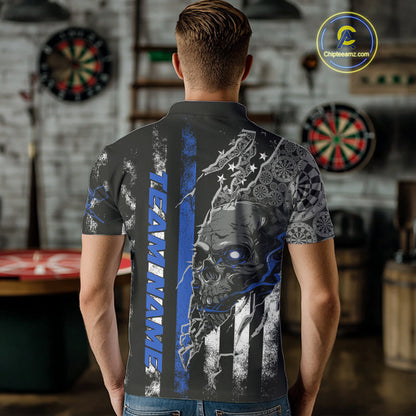 Custom Blue Line American Flag Patriotic Skull Dart Men Polo Shirts, Halloween Dart Outfit IPHW9692