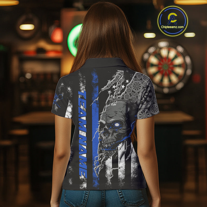 Custom Blue Line American Flag Patriotic Skull Dart Women Polo Shirt, Halloween Outfit IPHW9692