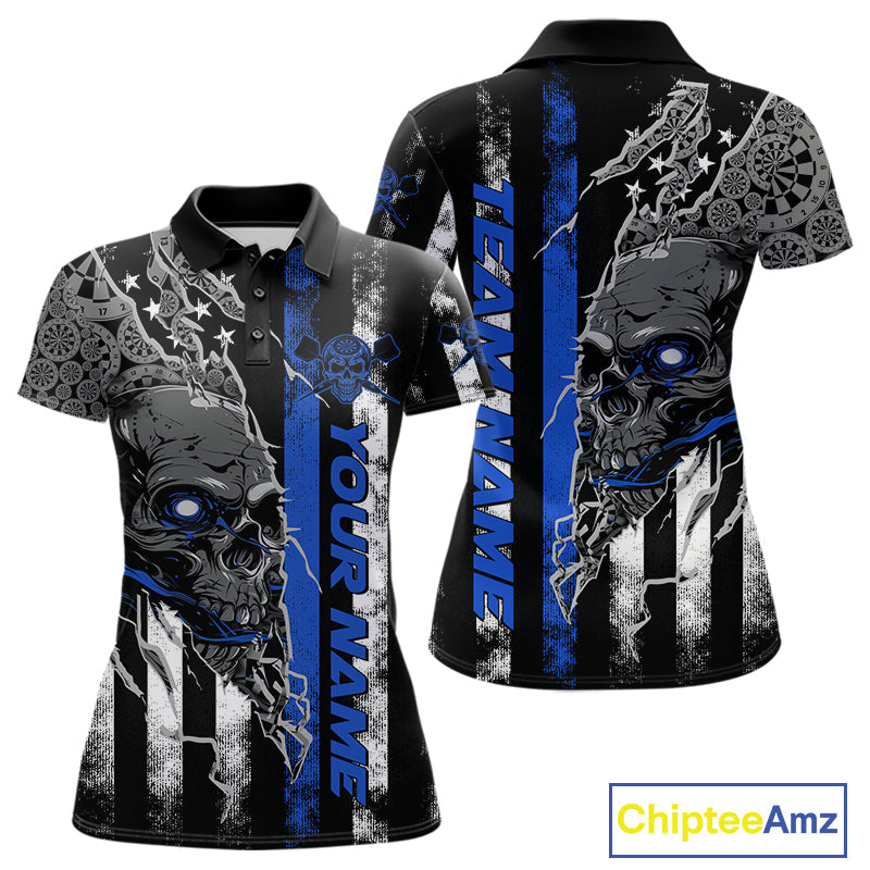 Custom Blue Line American Flag Patriotic Skull Dart Women Polo Shirt, Halloween Outfit IPHW9692