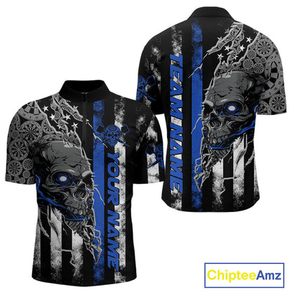 Custom Blue Line American Flag Patriotic Skull Dart Men Quarter-Zip Shirts, Halloween Dart Outfit IPHW9692