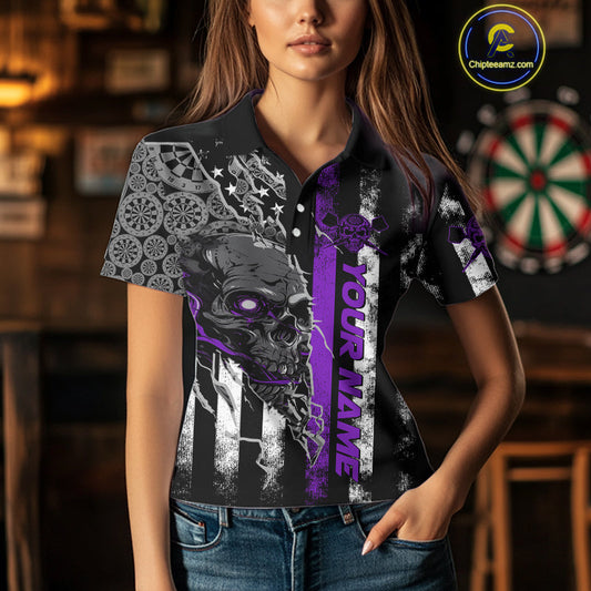 Custom Purple Line American Flag Patriotic Skull Dart Women Polo Shirt, Halloween Outfit IPHW9693