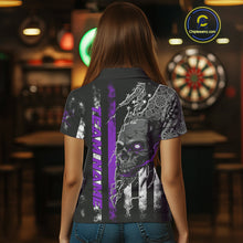 Load image into Gallery viewer, Custom Purple Line American Flag Patriotic Skull Dart Women Polo Shirt, Halloween Outfit IPHW9693