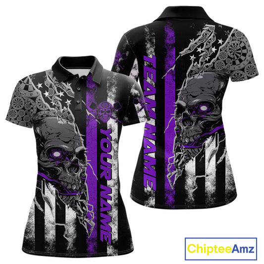 Custom Purple Line American Flag Patriotic Skull Dart Women Polo Shirt, Halloween Outfit IPHW9693