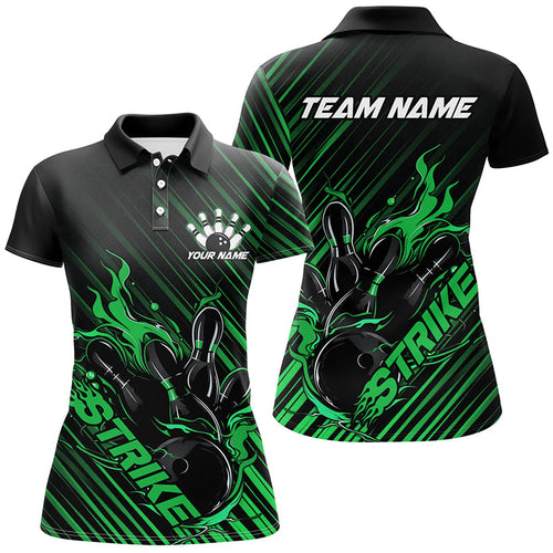 Custom Black And Green Flame Ladies Bowling Shirts, Strike Bowling Team Shirts Outfit IPHW7425