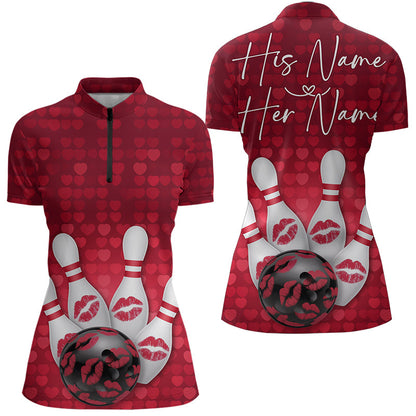 Bowling Kisses Red Heart Theme Custom Valentines Day Bowling Quarter-Zip Shirts For Women IPHW8366