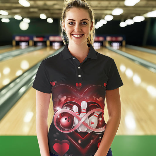 Custom Valentines Day Bowling Polo Shirts For Women, Infinity Love Bowling Couple Shirt IPHW8369