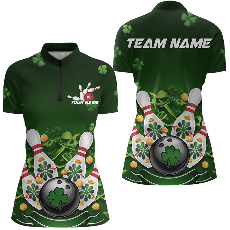 Custom Green St Patrick'S Day Bowling Team Quarter-Zip Shirts For Women IPHW8374
