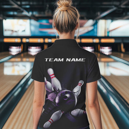 Custom Black And Purple Bowling Jerseys, Bowling League Polo Shirts For Women Team Uniform IPHW8561