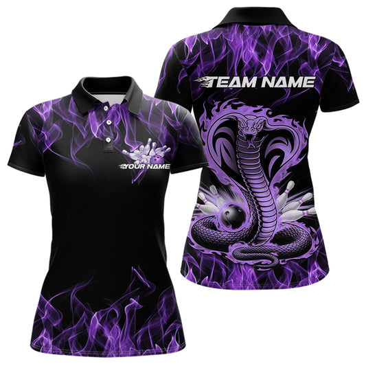 Custom Black And Purple Flame Cobra Snake Bowling Womens Polo Shirts , Bowling Team Uniform IPHW8569