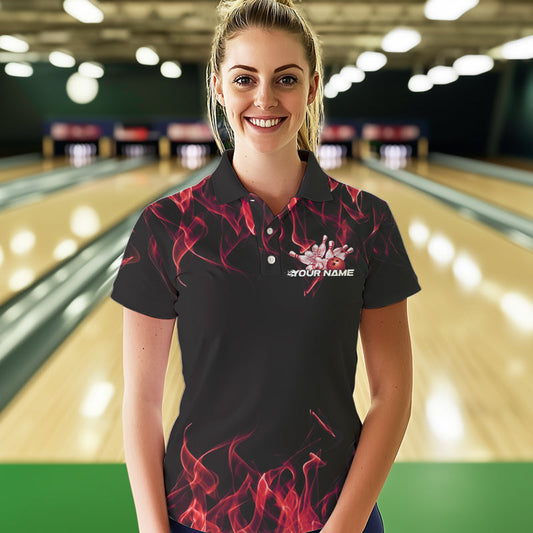Custom Black And Red Flame Cobra Snake Bowling Polo Shirts For Women, Bowling Team Uniform IPHW8570