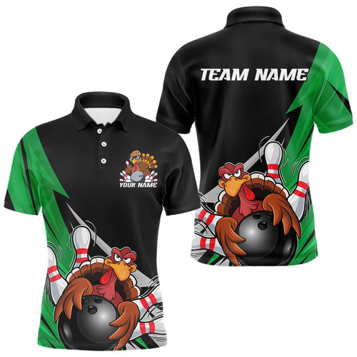 Black And Green Custom Funny Turkey Thanksgiving Bowling Team Polo Shirts For Men IPHW8876
