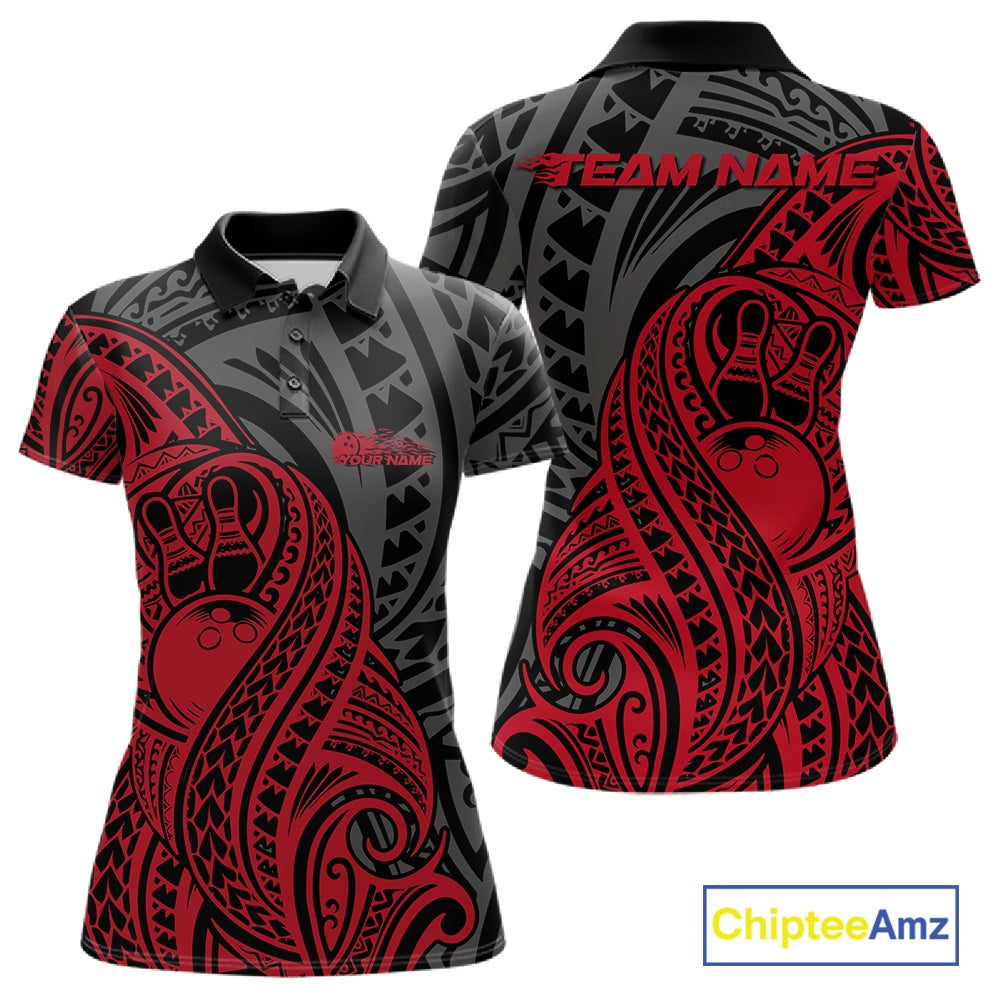 Custom Black And Red Maori Style Koru Spiral Tribal Women Bowling Polo Team Shirt IPHW10950