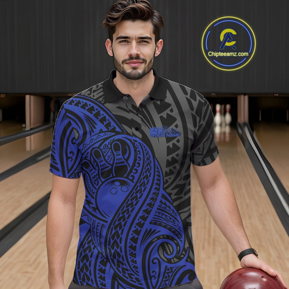 Custom Black And Blue Maori Style Koru Spiral Tribal Men Bowling Polo Team Shirt IPHW10952