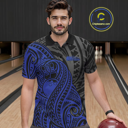 Custom Black And Blue Maori Style Koru Spiral Tribal Men Bowling Polo Team Shirt IPHW10952
