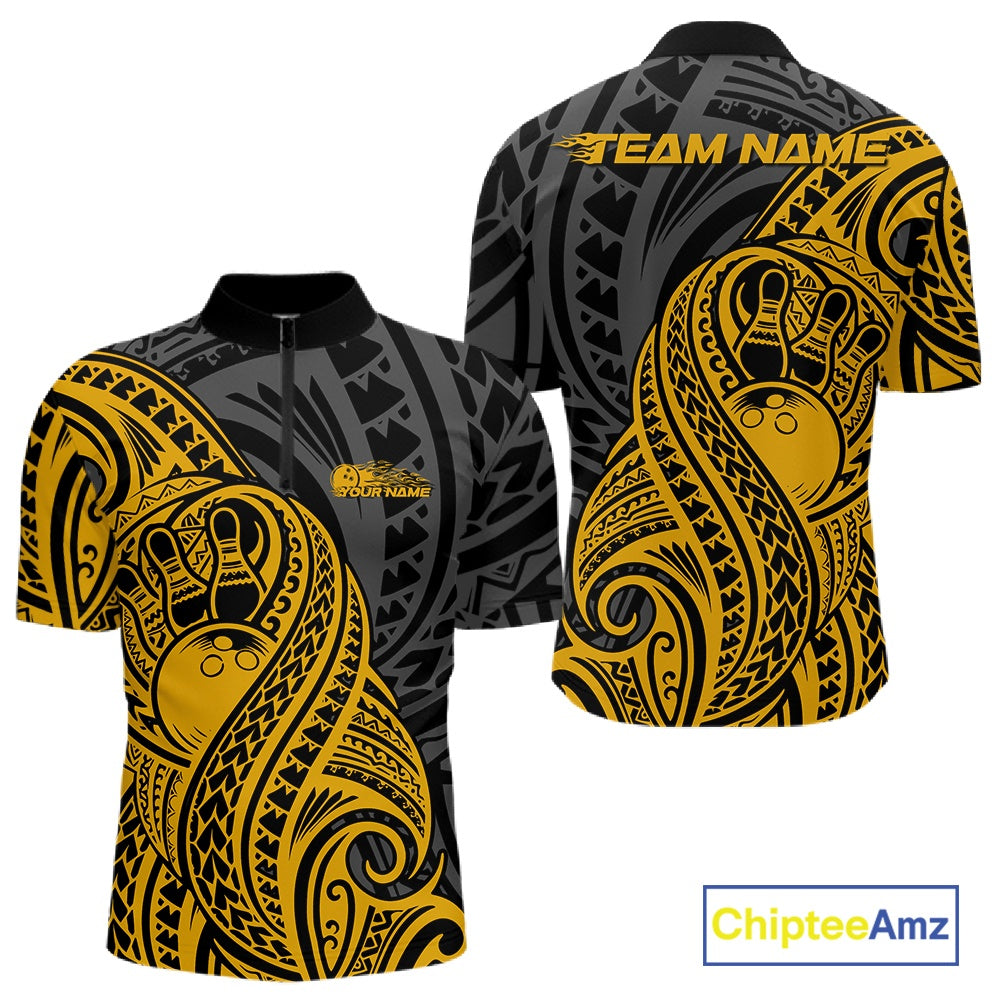 Custom Black And Yellow Maori Style Koru Spiral Tribal Men Bowling Quarter-Zip Team Shirt IPHW10953
