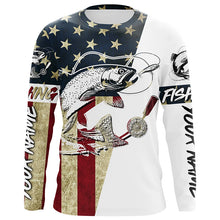 Load image into Gallery viewer, Vintage American Flag Custom Trout Fly Fishing Shirts, Patriotic Trout Fishing Jerseys IPHW6392