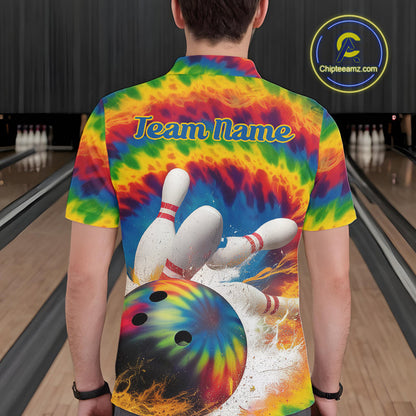 Custom Colorful Tie Dye Bowling Polo Shirts For Men, Rainbow Bowling Outfit IPHW9114