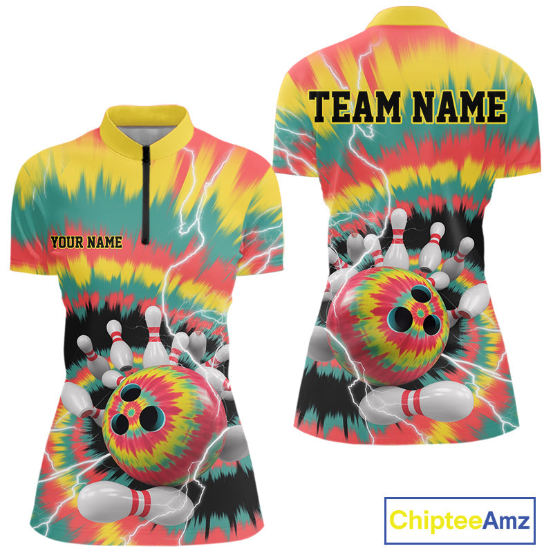 Custom Colorful Tie Dye Bowling Quarter-Zip Shirts For Women, Rainbow Bowling Outfit IPHW9115