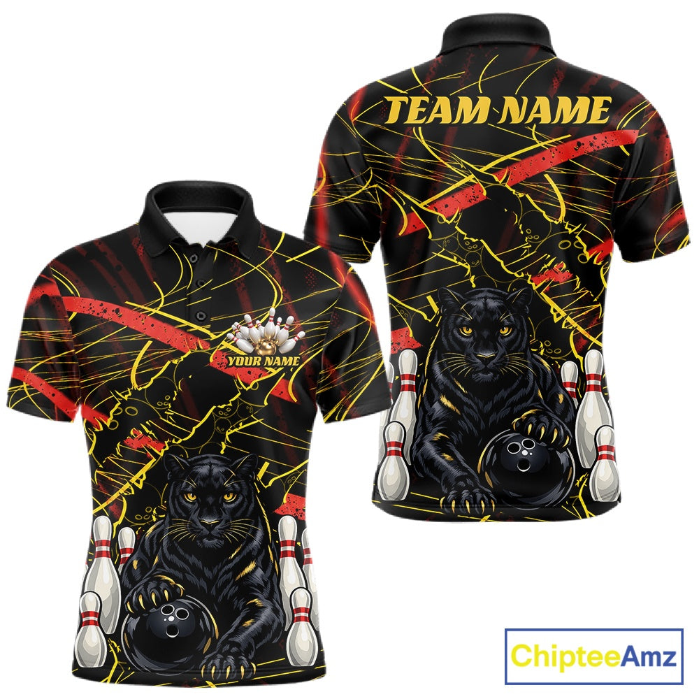 Custom Black, Gold And Red Claw Marks Black Panther Bowling Men Polo Team Shirt IPHW11635