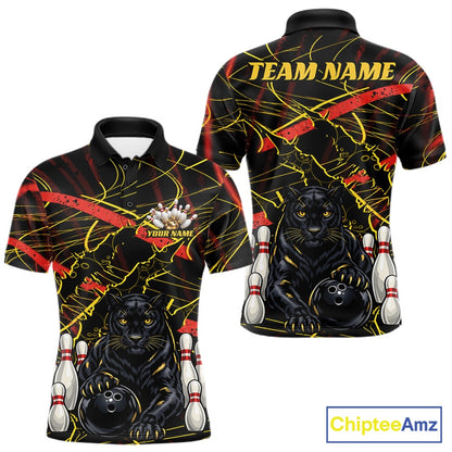 Custom Black, Gold And Red Claw Marks Black Panther Bowling Men Polo Team Shirt IPHW11635