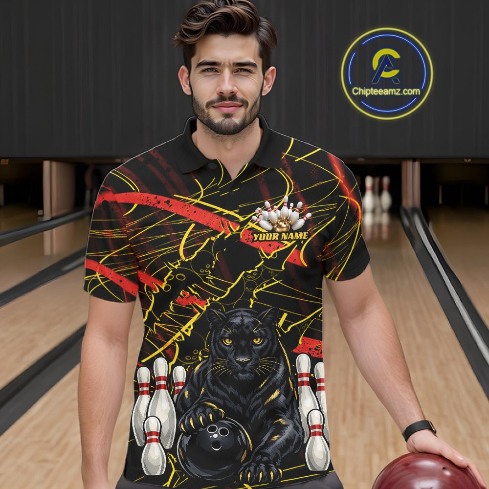 Custom Black, Gold And Red Claw Marks Black Panther Bowling Men Polo Team Shirt IPHW11635