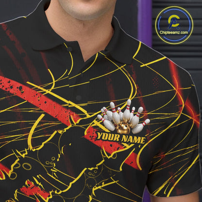 Custom Black, Gold And Red Claw Marks Black Panther Bowling Men Polo Team Shirt IPHW11635