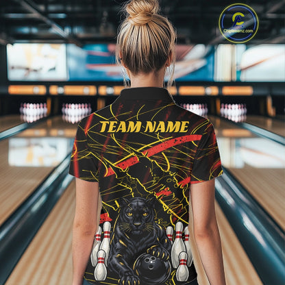 Custom Black, Gold And Red Claw Marks Black Panther Bowling Women Quarter-Zip Team Shirt IPHW11635
