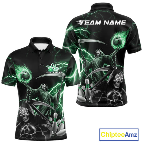 Custom Green Lightning Grim Reaper Skull Bowling Men Polo Shirt, Halloween Outfit IPHW9850
