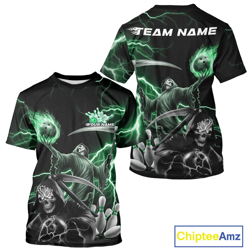 Custom Green Lightning Grim Reaper Skull Bowling Men T-Shirts Shirt, Halloween Outfit IPHW9850