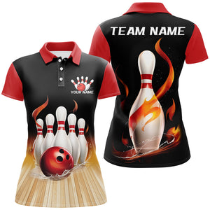 Black And Red Classic Bowling Scene On The Lane Custom Flame Bowling Team Shirts For Women IPHW7724