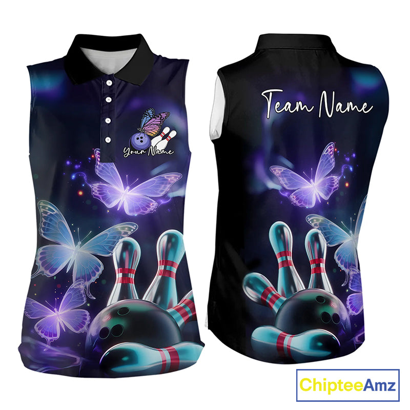 Custom Butterfly Bowling Sleeveless Polo Shirts For Women, Bowling Team Shirt With Butterflies IPHW8147