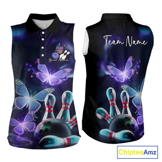 Custom Butterfly Bowling Sleeveless Polo Shirts For Women, Bowling Team Shirt With Butterflies IPHW8147