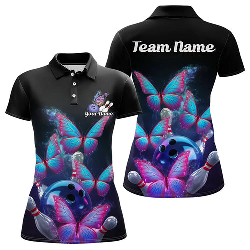 Custom Blue And Purple Butterfly Bowling Polo Shirts For Women, Bowling Team Shirt IPHW8149